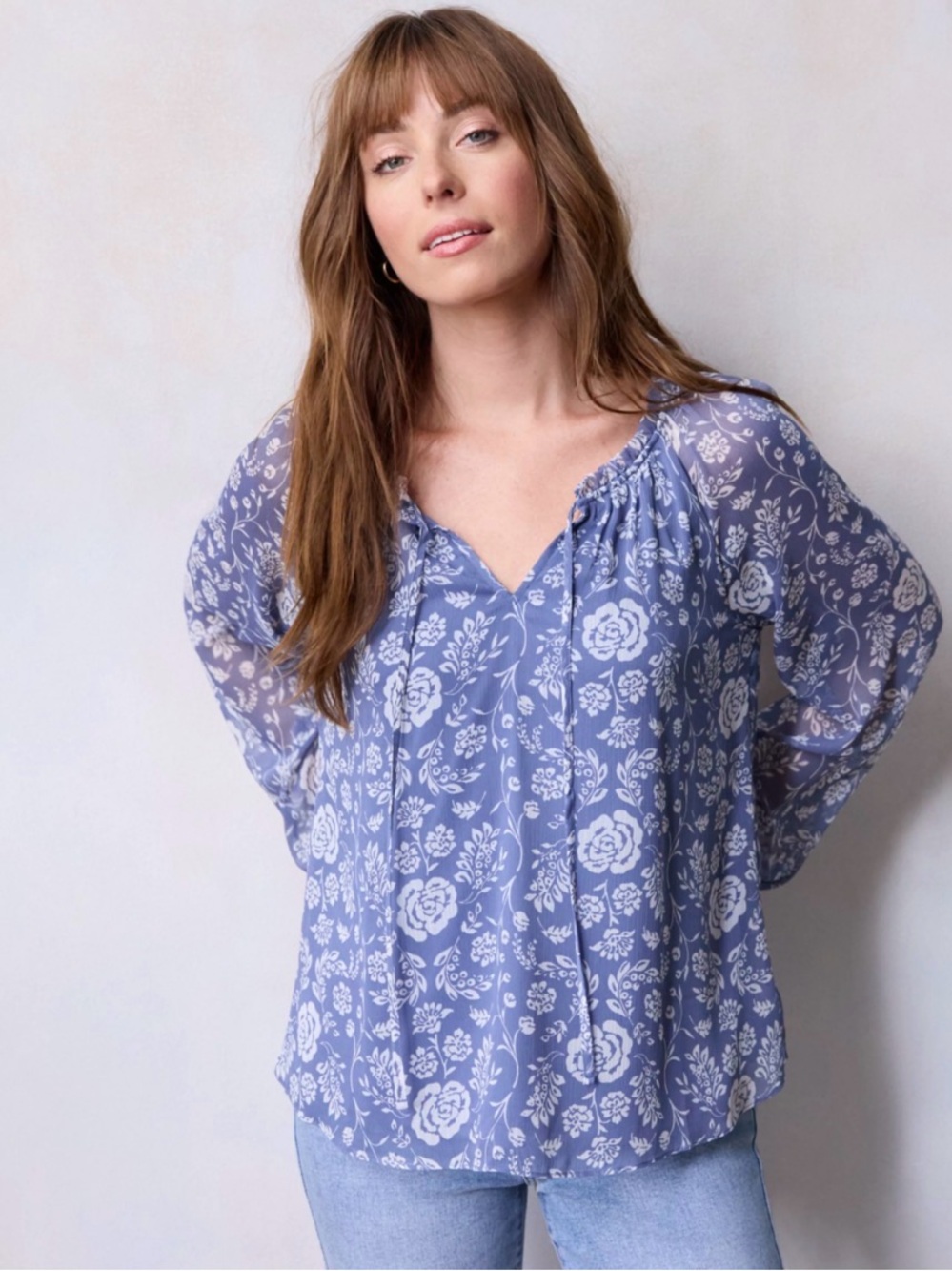 LC Lauren Conrad Blue Floral Tie-Neck Blouse